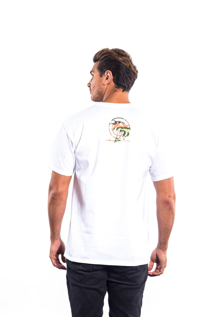 Back view of a white shirt featuring a NICERIDE camo palm logo, perfect for casual wear.
