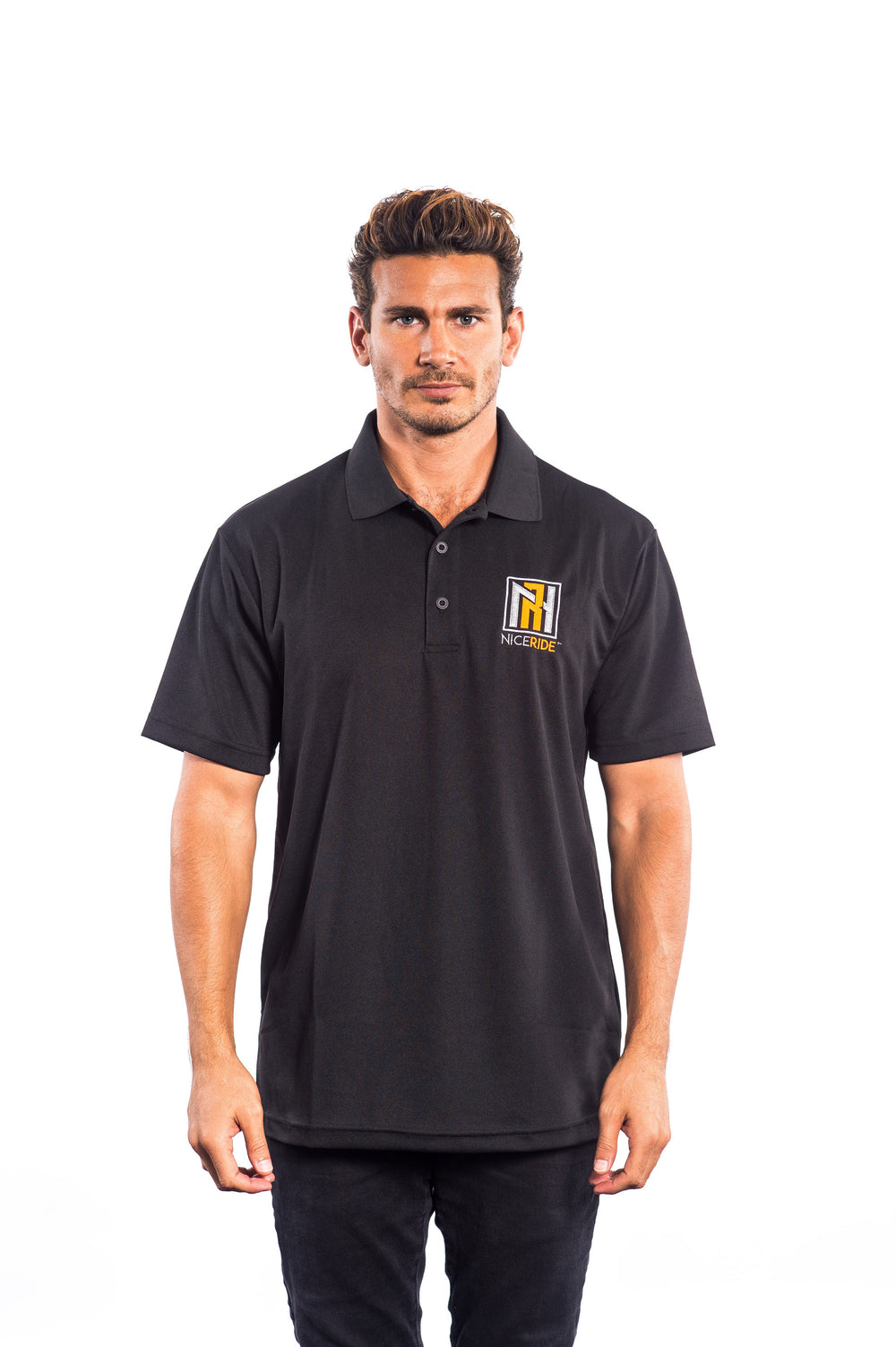 N-R Men's Embroidered Golf Shirt in black featuring NICERIDE logo on left chest.