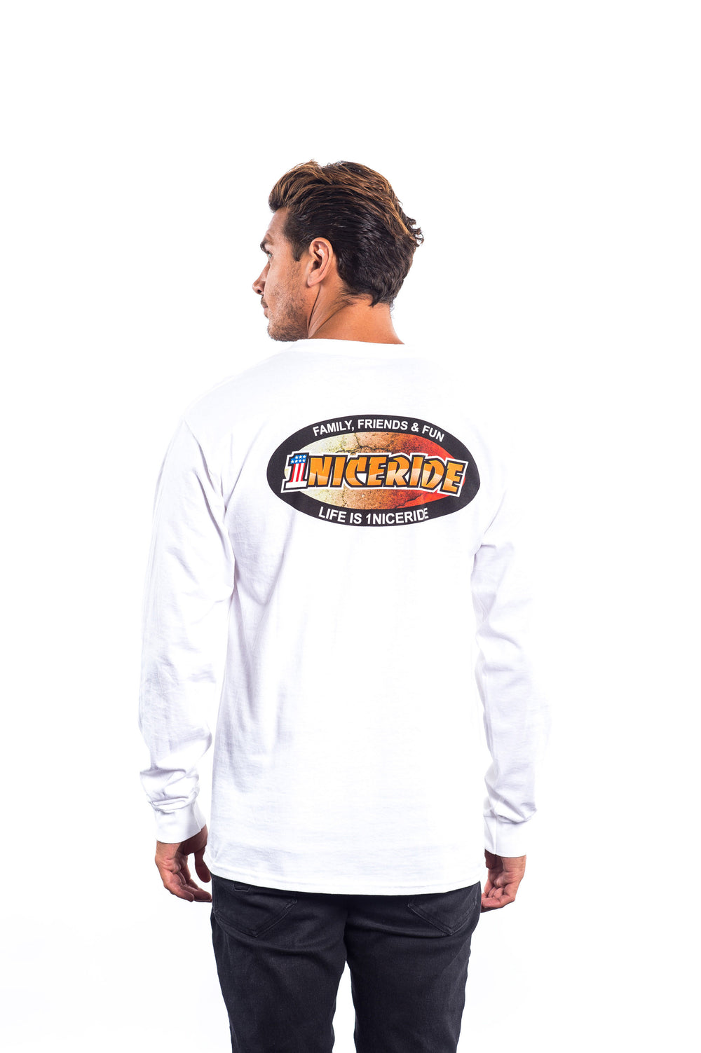 Man wearing a white long sleeve shirt with NICERIDE design printed on the back, showcasing family and fun theme.