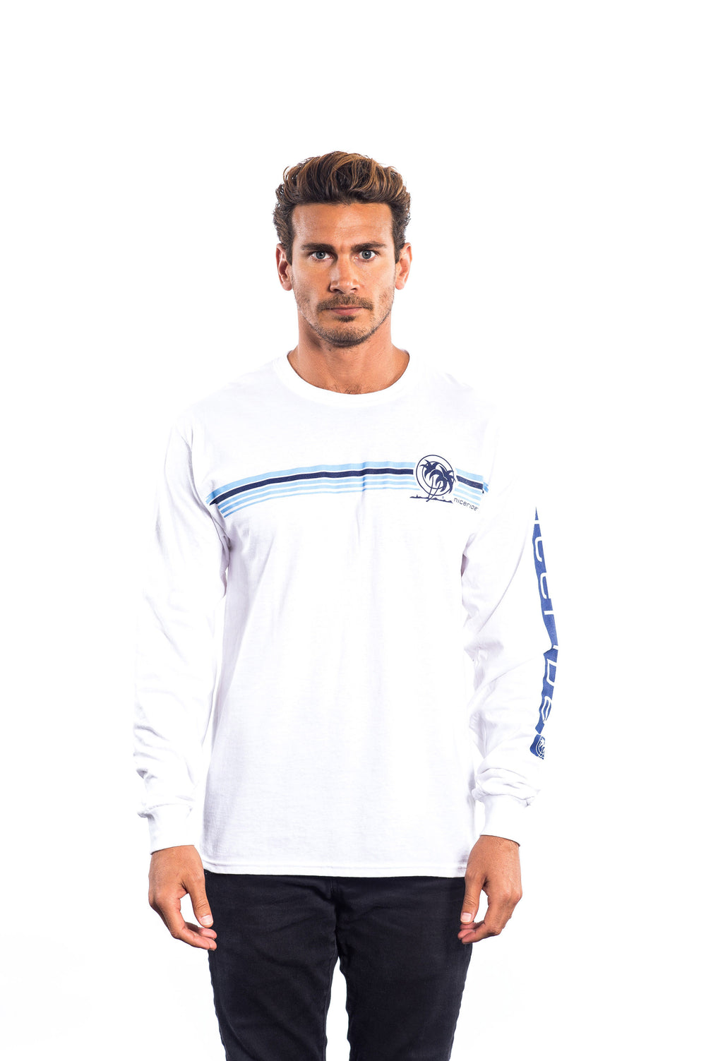 Boardwalk - White Hanes Pre-Shrunk men's 100% Cotton Long Sleeve Shirt on model, featuring NICERIDE design.