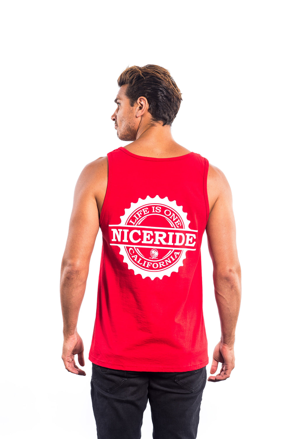Red Fruit of The Loom men's tank top with NICERIDE logo on back - sleeveless tee for outdoor activities.