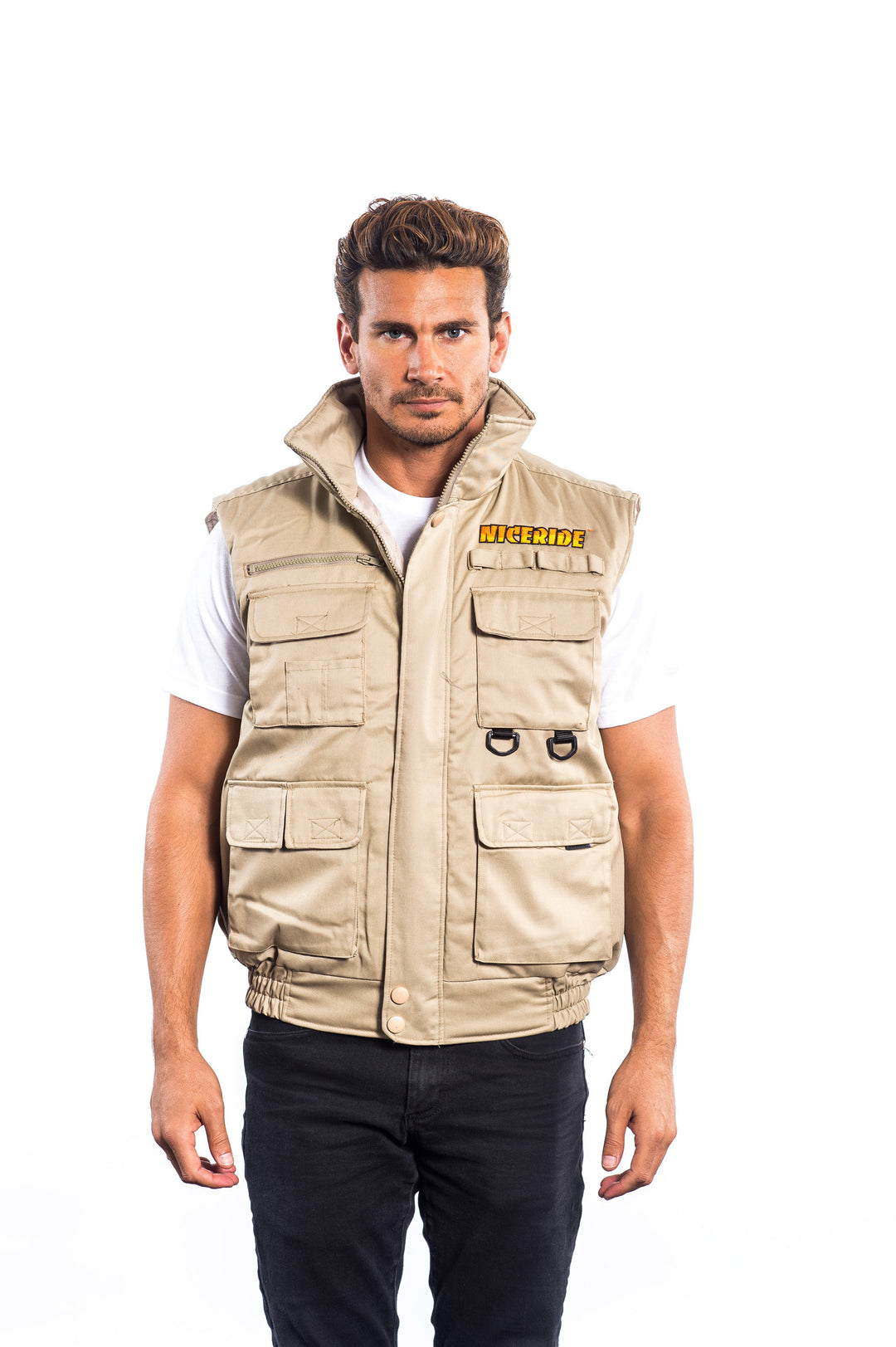 Man wearing "The Chet" Cargo Vest with NICERIDE logo on the chest and palm logo on the back.