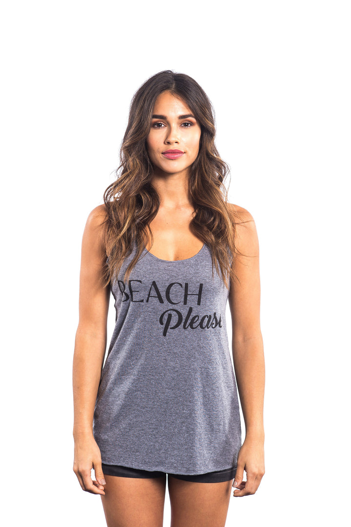 Women wearing a vintage style tank top with "Beach Please" design, showcasing a relaxed fit and heather color.