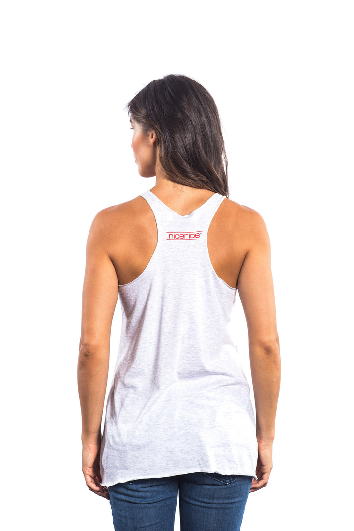 Back view of a woman wearing a Red, White, Booze tank top, showcasing the NICERIDE logo on the rear.