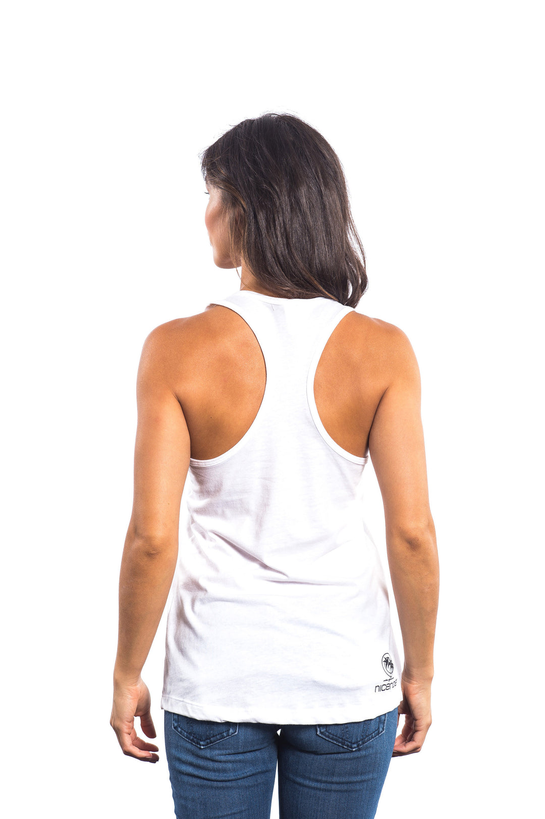 Back view of a woman wearing a white tank top featuring NICERIDE&