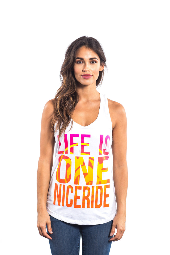 Model wearing Life Is One NICERIDE design on a women&