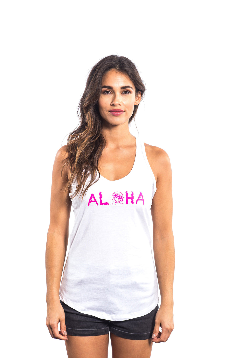 Maui white tank top featuring Aloha logo, a women's 60/40 blend racerback tank top.
