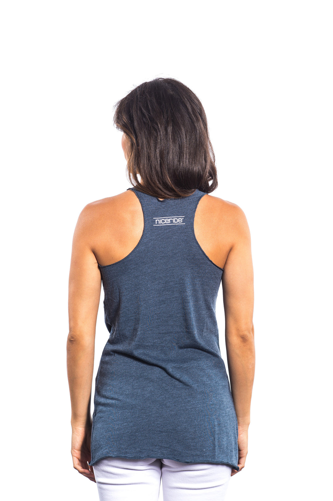 Back view of a blue tank top featuring NICERIDE&