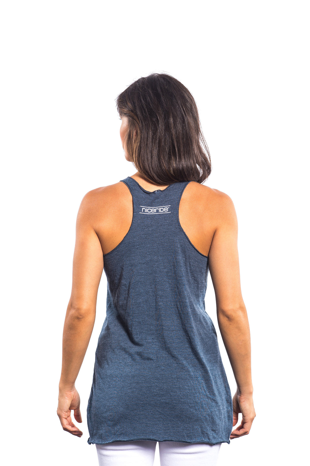 Back view of a woman wearing a NICERIDE Matters blue vintage tank top shirt with racerback design.