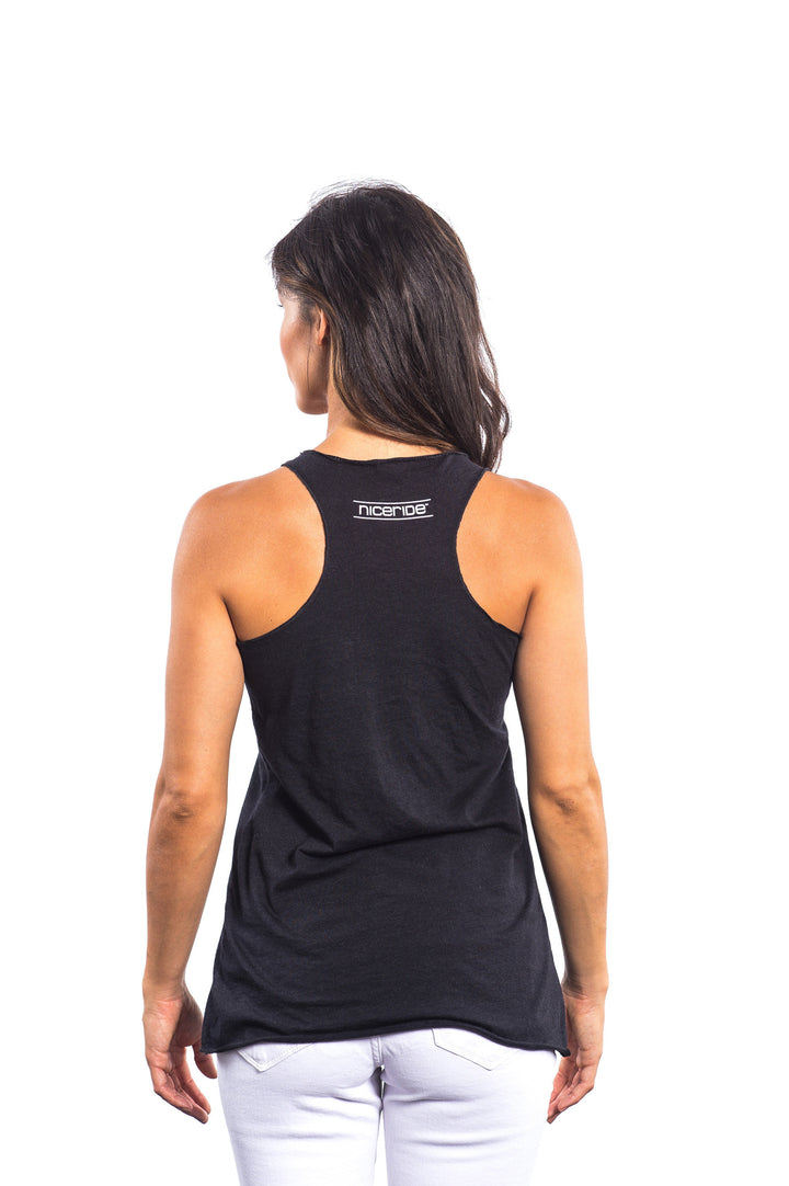 Back view of a woman wearing a Really? black Next Level Women&