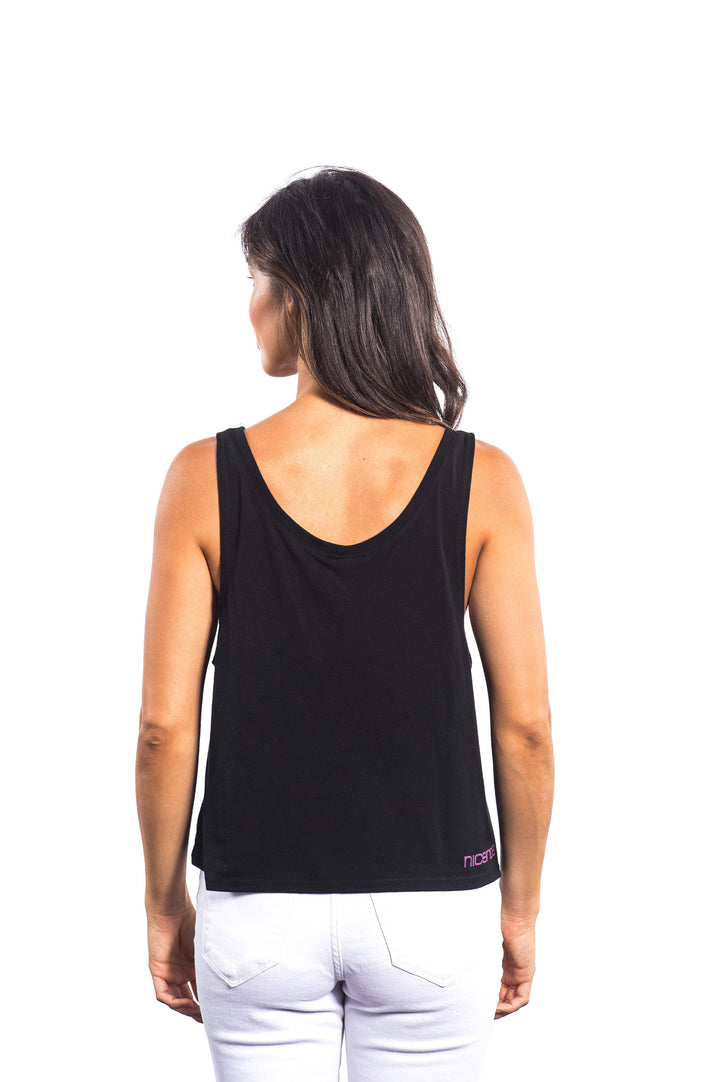 Black Miami Boxy tank top for women, showcasing the back design with soft fabric and relaxed fit.