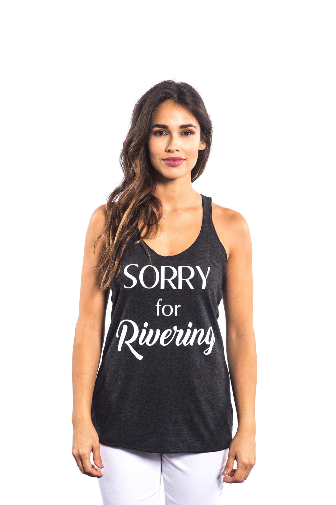 Sorry for Rivering tank top in black, featuring a loose fit and racerback style, designed for women.