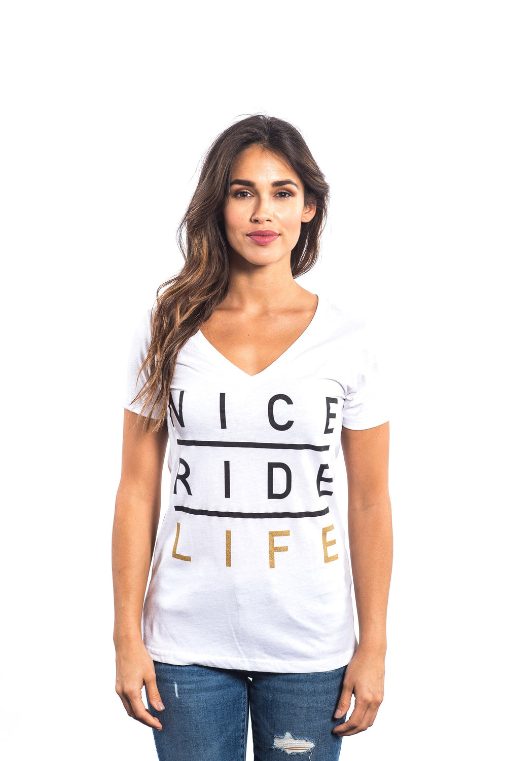 La Jolla - White Next Level Women's Short Sleeve V-Neck T-Shirt with NICERIDE design, soft and comfortable shirt.