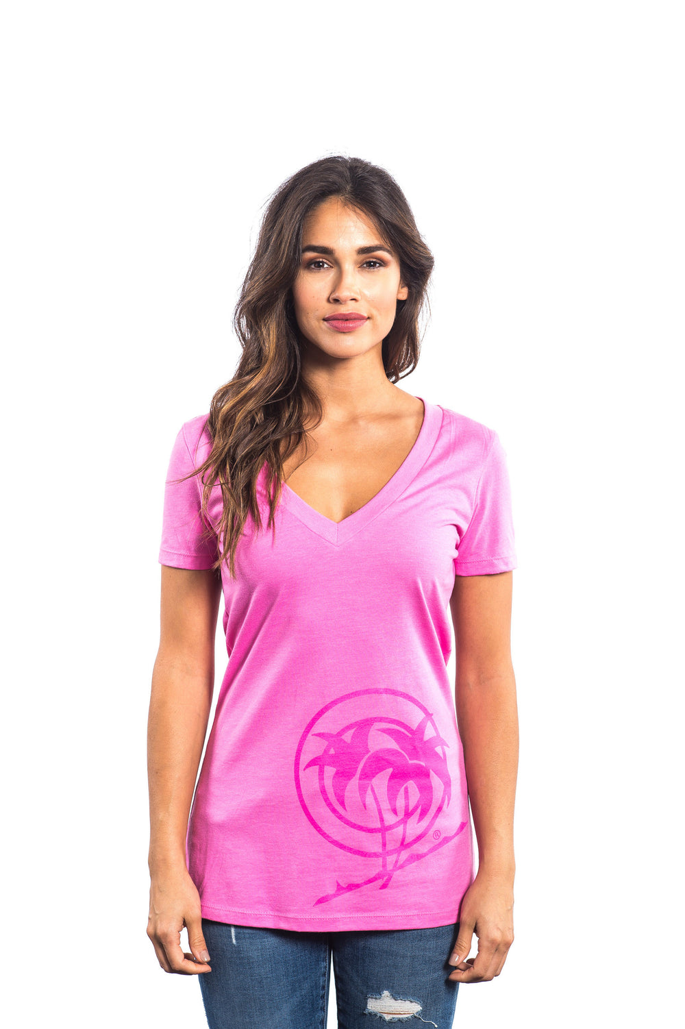 The Palm Pink Next Level Women's V-Neck Short Sleeve T-Shirt featuring classic palm logo on front.