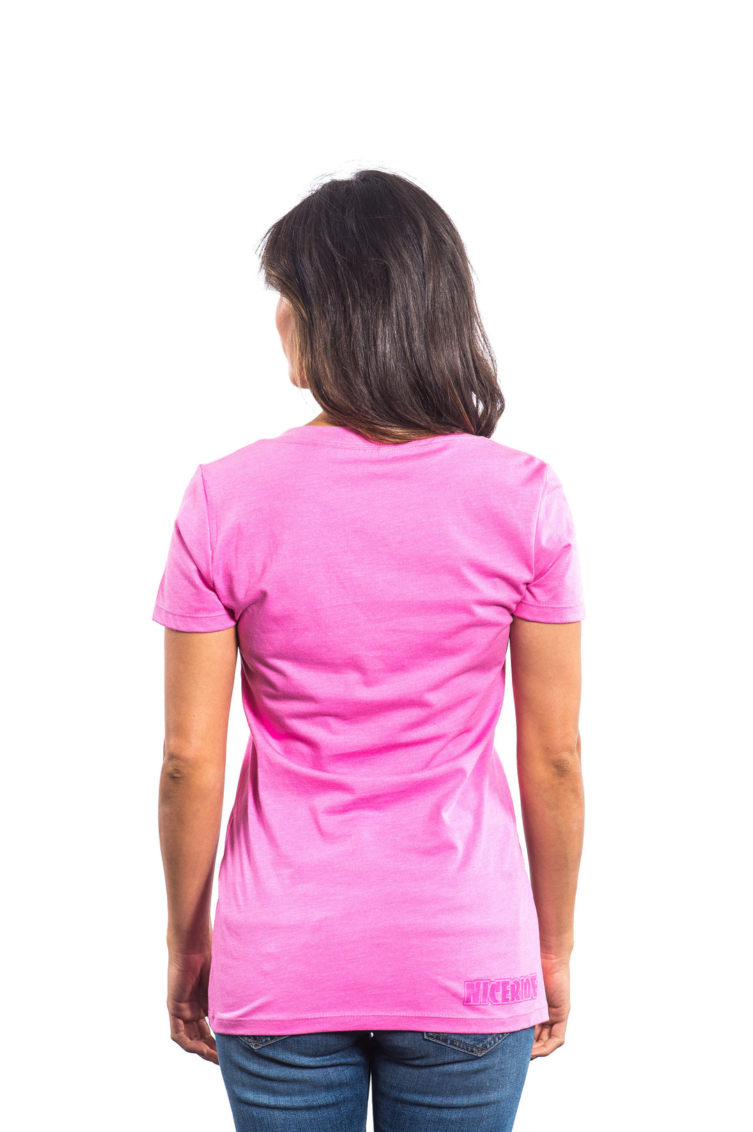 Back view of a woman wearing The Palm pink Next Level Women&