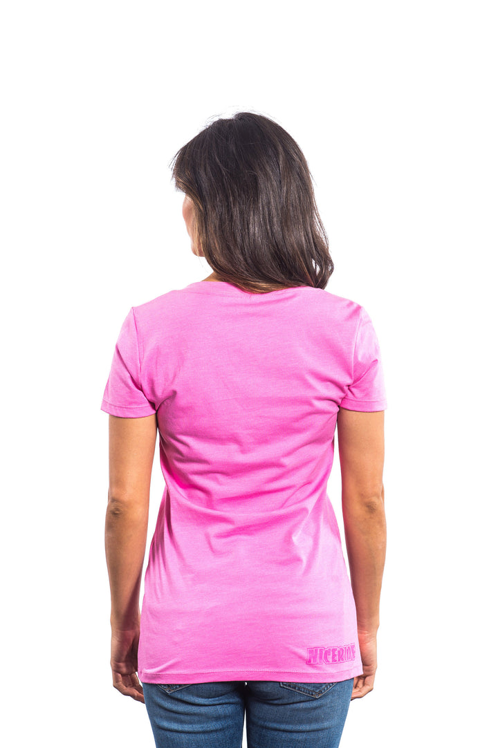 Back view of a woman wearing The Palm pink Next Level Women&