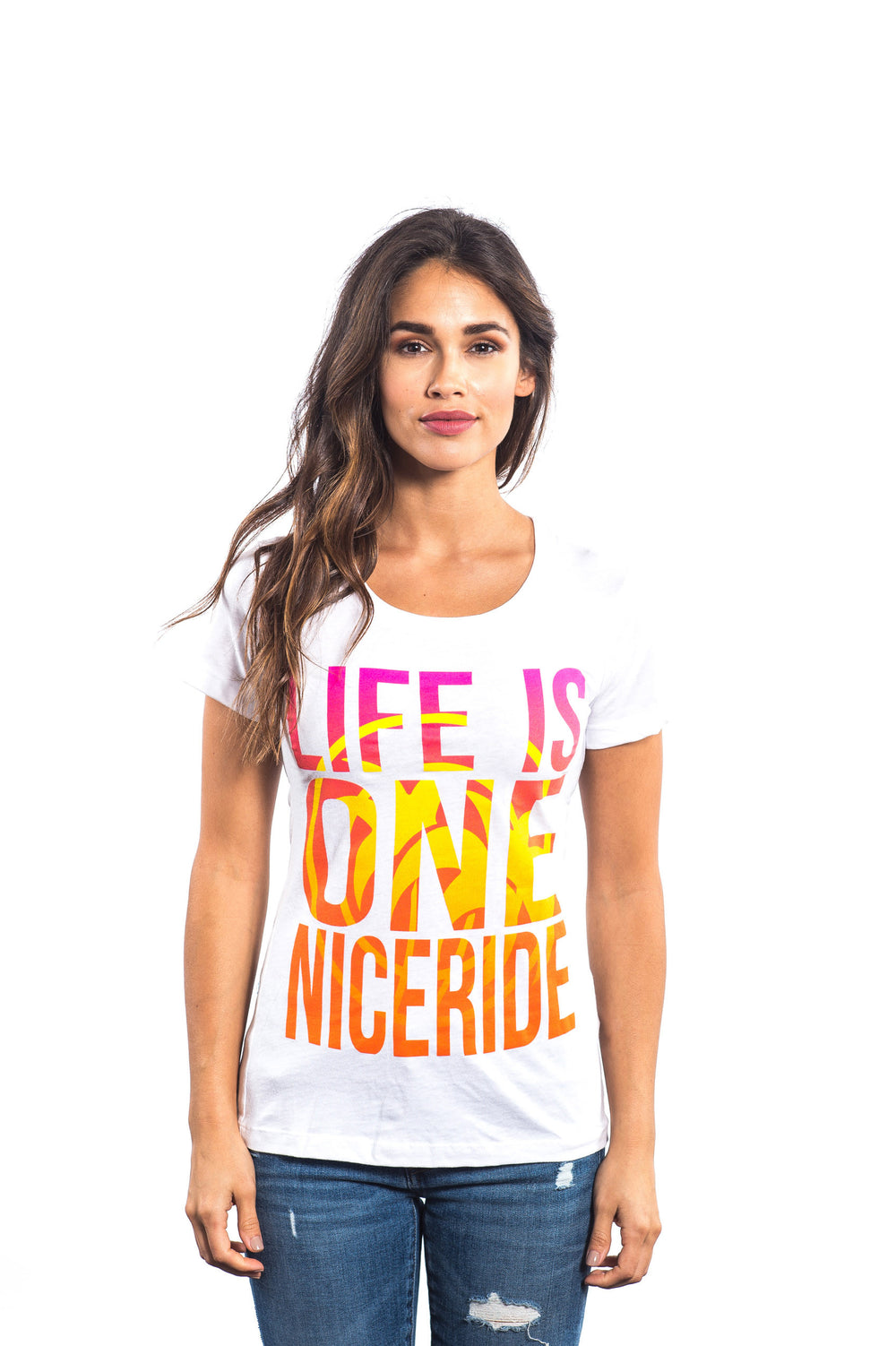 Endless Ride - Women's white shirt featuring colorful "LIFE IS ONE NICERIDE" graphic design.
