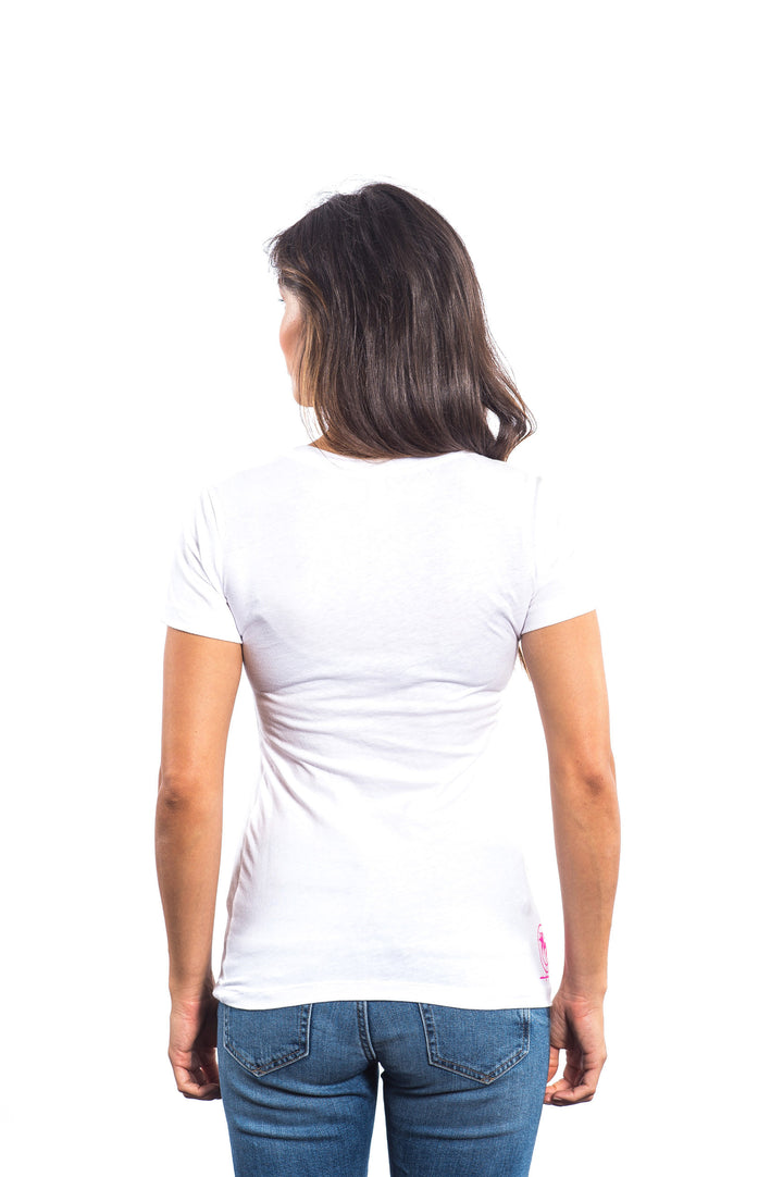 Back view of a woman wearing the Endless Ride shirt, a white cotton blend crew neck t-shirt, showcasing its fitted design.