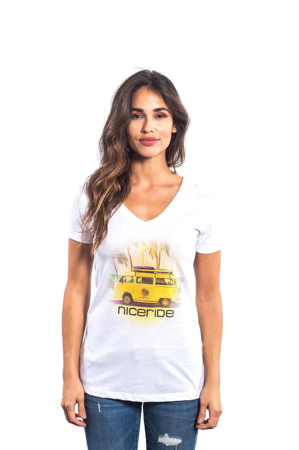 Baja - White Next Level Women's V-Neck Short Sleeve Shirt featuring NICERIDE design and soft fabric.
