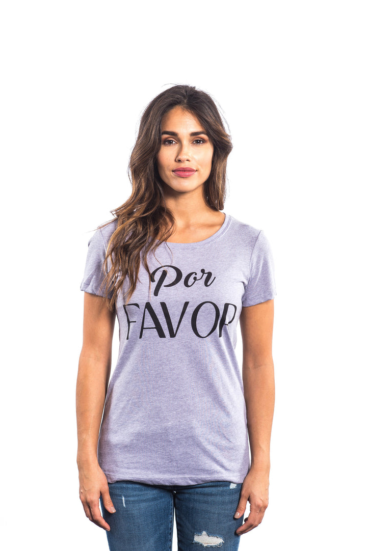 Woman wearing a purple shirt with &