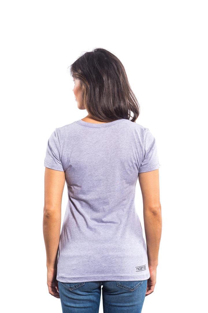 Back view of woman wearing Por Favor crew neck short-sleeve shirt in gray, showcasing its soft fabric and stylish design.
