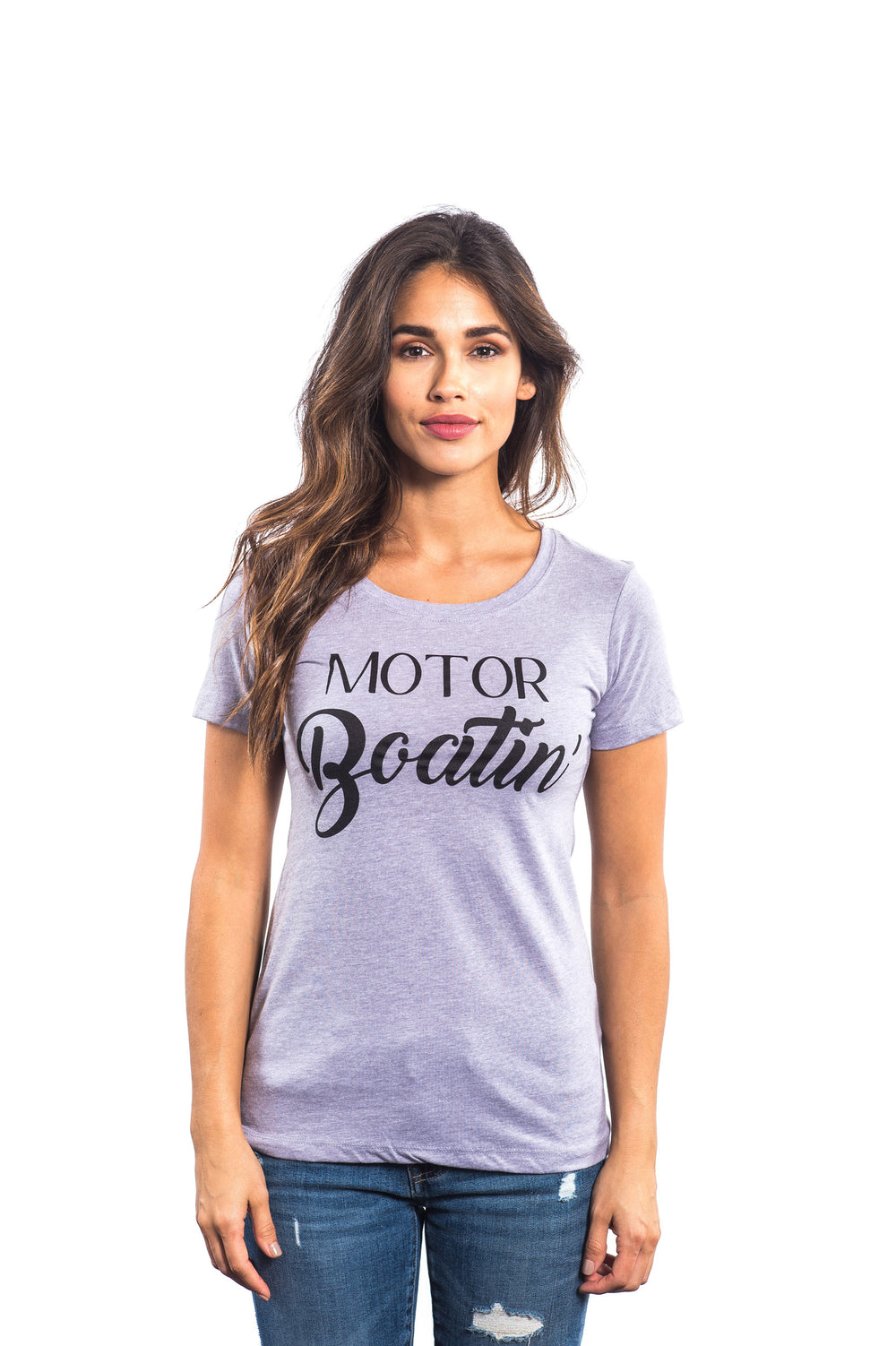 Motor Boatin shirt model wearing gray Next Level women's crew neck short sleeve shirt with stylish print.
