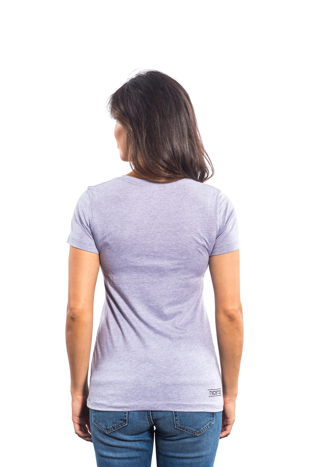 Back view of a woman wearing a Motor Boatin gray crew neck shirt, showcasing the comfortable fit and design.