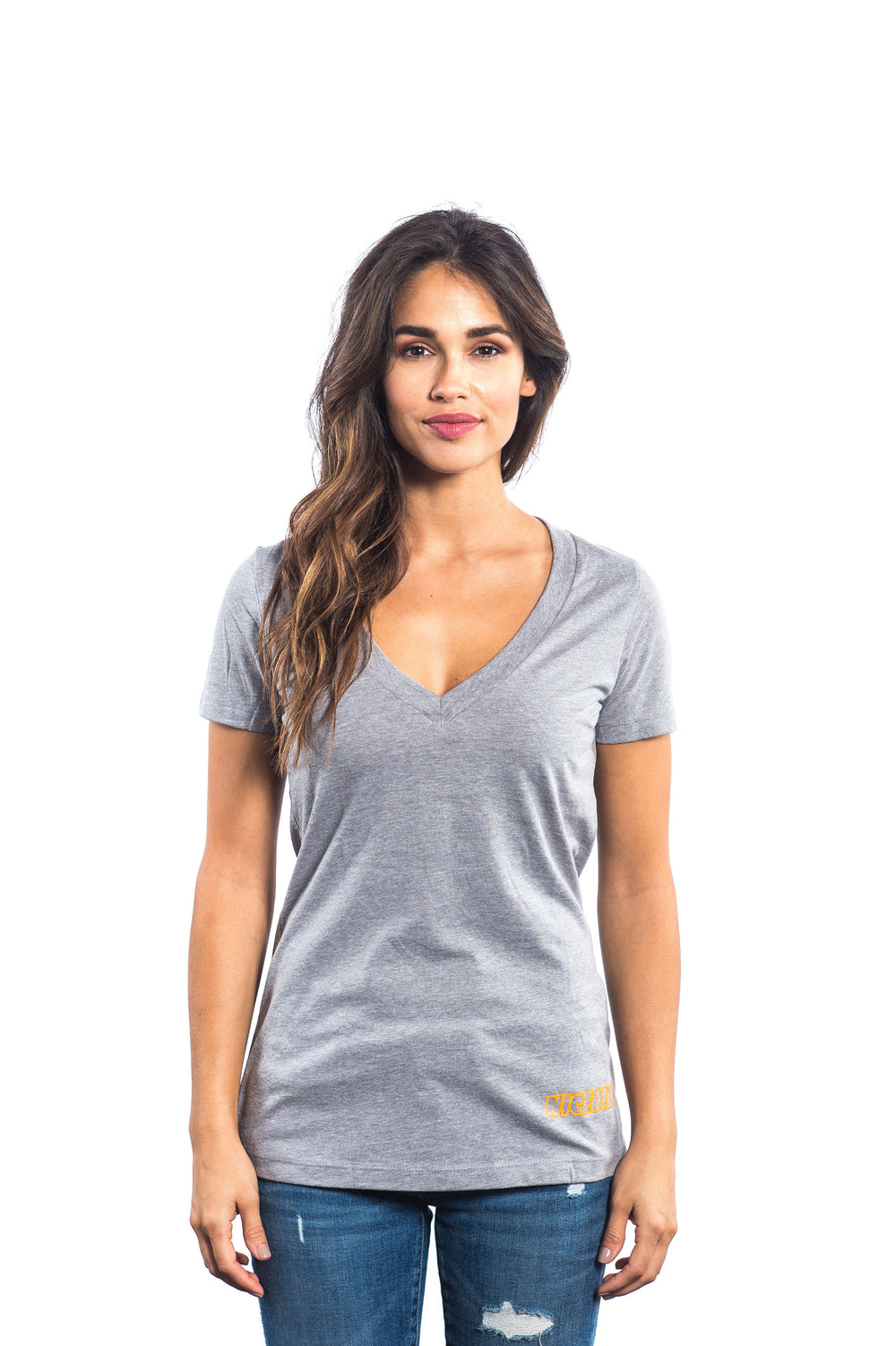 The Valley women's V-neck short sleeve t-shirt in gray with NICERIDE logo, soft and comfortable fit.