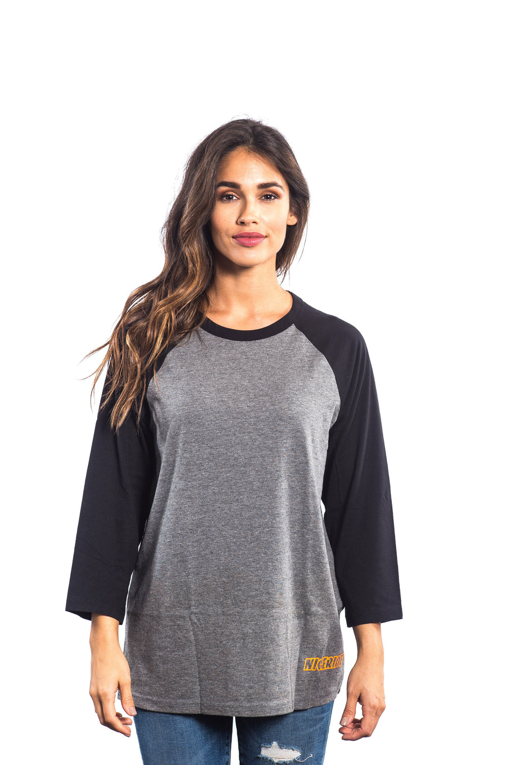 The Finch Women's Gray & Black Bella + Canvas 3/4 Sleeve T-Shirt featuring NICERIDE design.