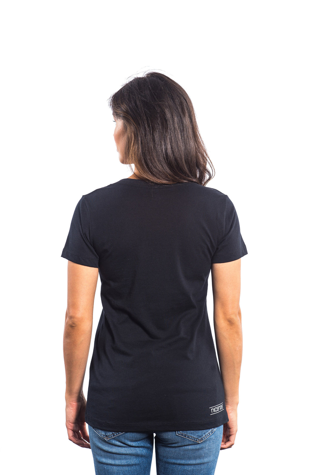Back view of a woman wearing a black shirt, showcasing the soft fabric and comfortable fit for casual wear.