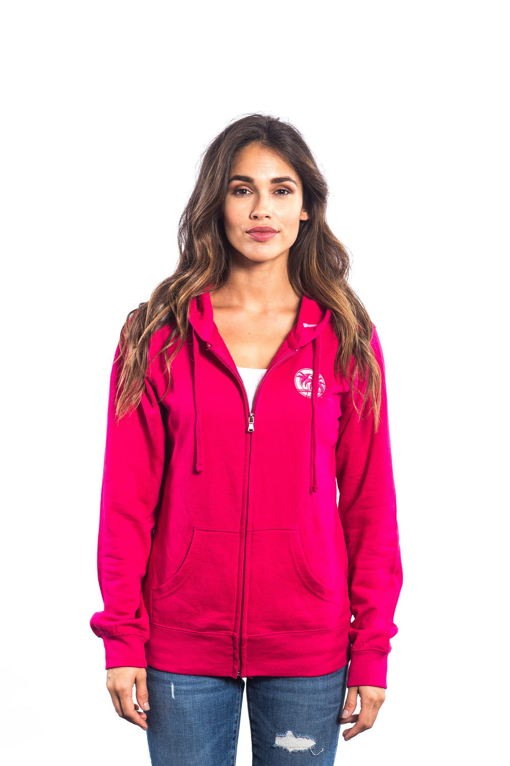Hillside women's zip hoodie in pink with NICERIDE logo, perfect for adults and teens, ideal for warmth and comfort.
