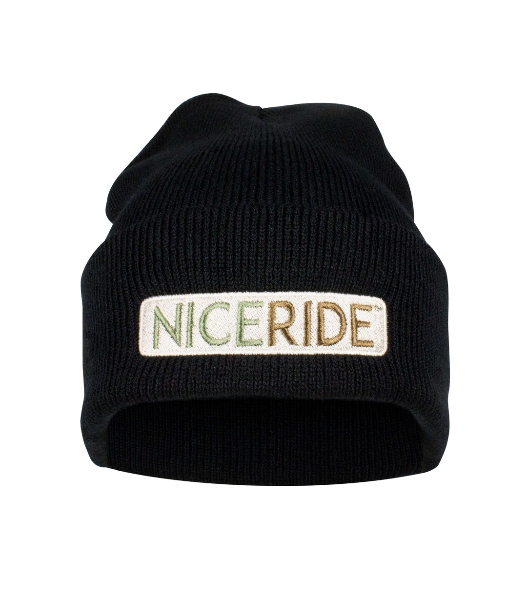Niceride Camo cuff beanie featuring embroidered logo, designed and shipped in the USA. Perfect warm beanie for outdoor activities.