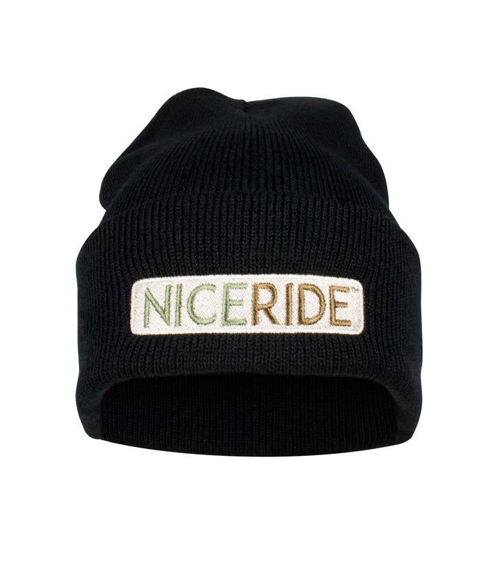 Niceride Camo cuff beanie featuring embroidered logo, designed and shipped in the USA. Perfect warm beanie for outdoor activities.