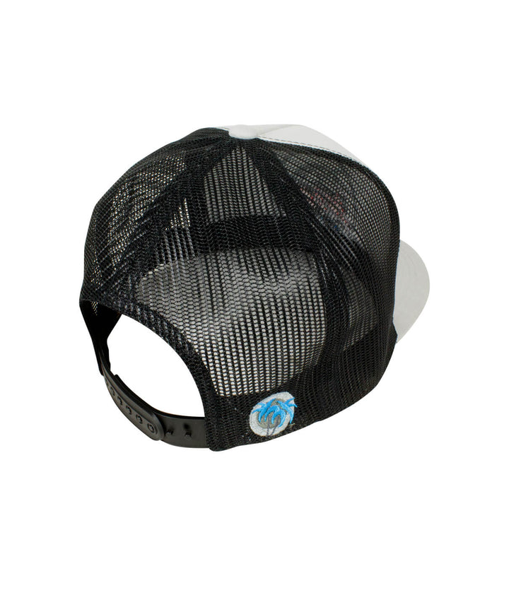 Back view of the "Choo Choo" Trucker Hat with mesh panels and blue palm logo, ideal for outdoor activities.