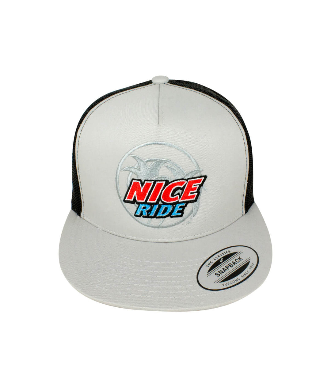 Choo Choo trucker hat with NICE RIDE design and palm logo, classic snapback style, perfect hat for casual wear.
