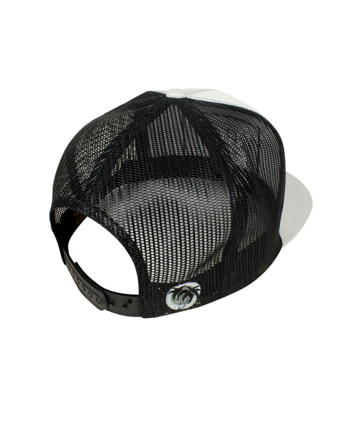 Back view of a black mesh and white &