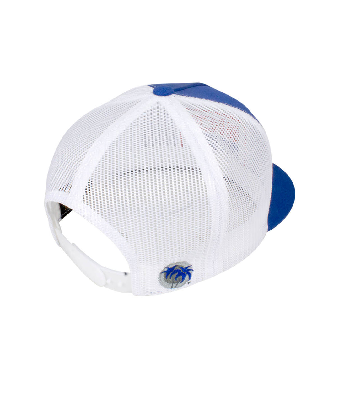 Back view of the "Shield" Trucker Hat, a stylish hat featuring a mesh design and classic palm logo.
