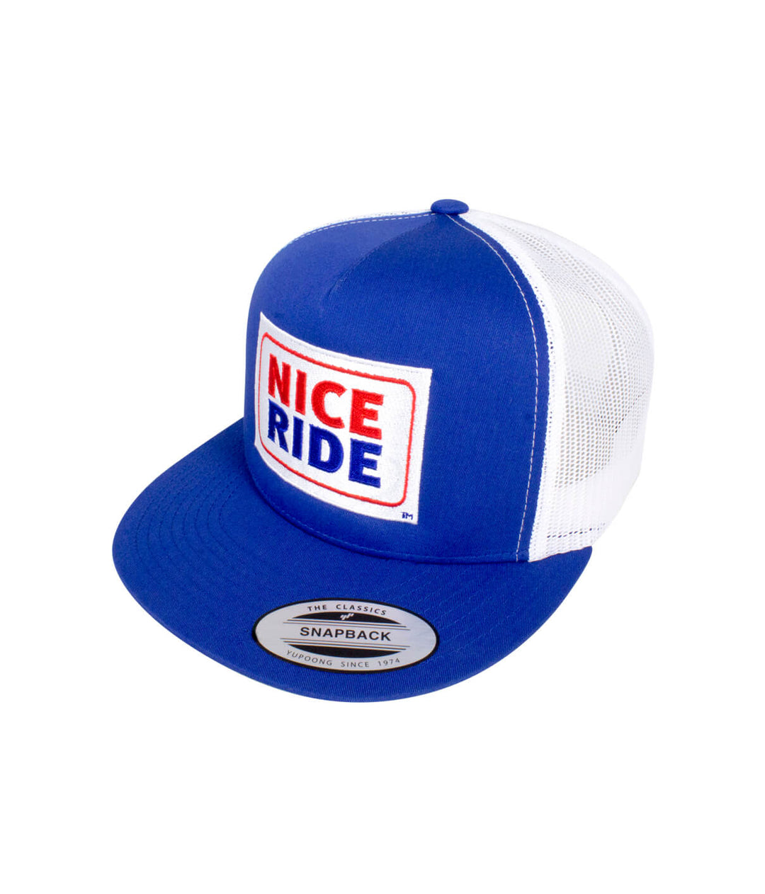 Blue snapback hat with NICE RIDE logo, designed for style and comfort.
