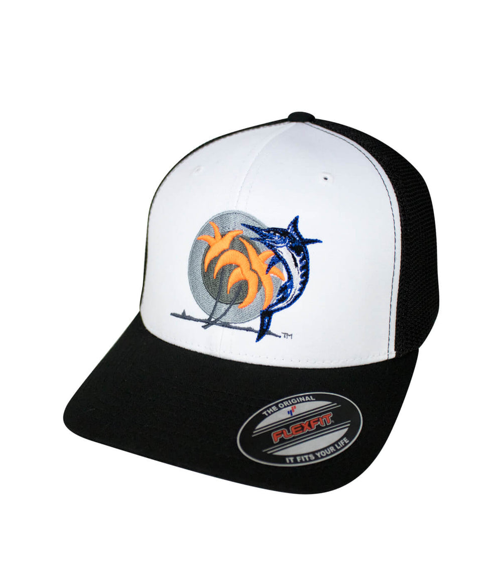 Catch and Release Meshback Flexfit Hat with embroidered design featuring fish and palms.