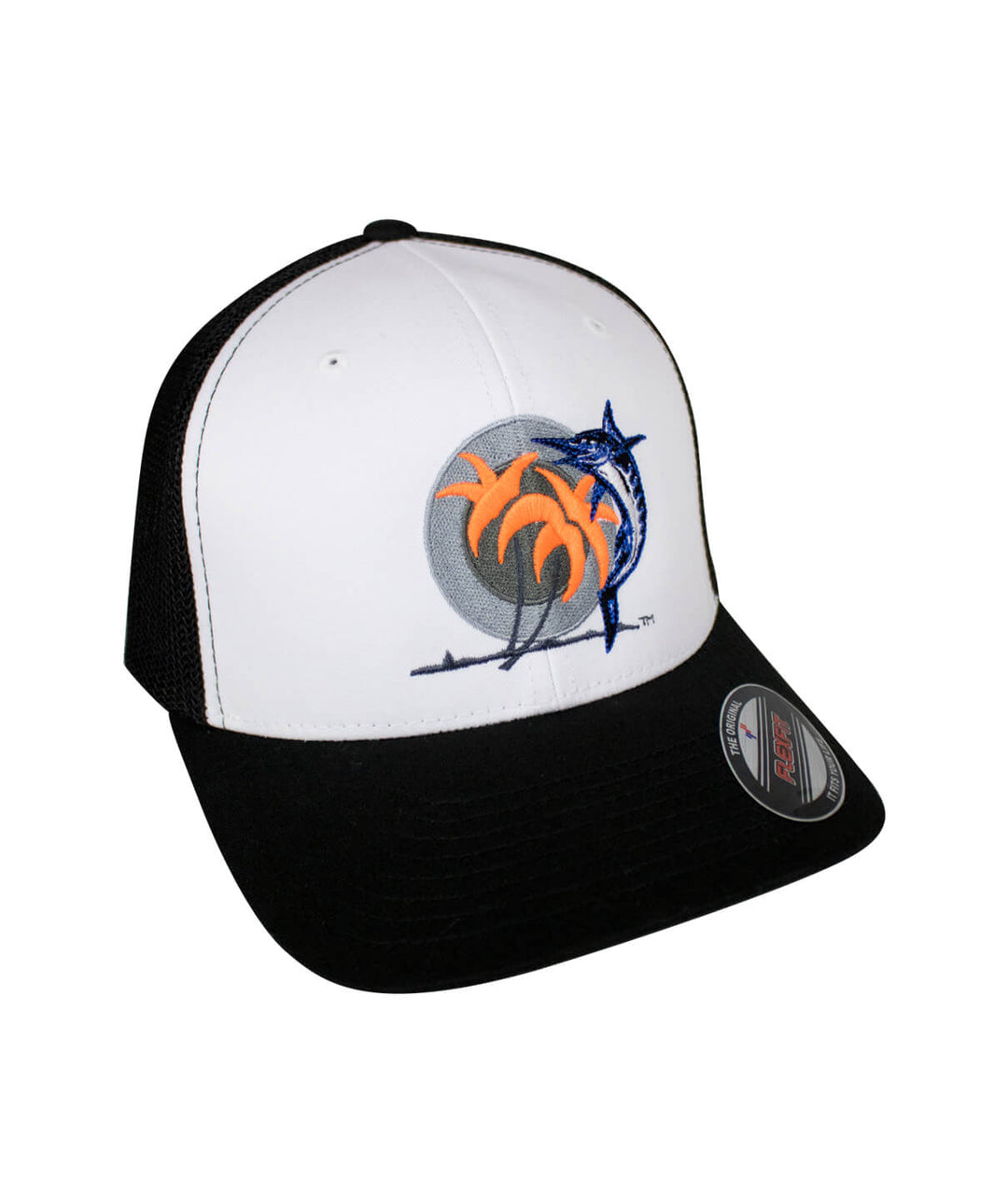 Catch and Release Meshback Flexfit Hat featuring NICERIDE design and Sunrise logo embroidered on front and back.