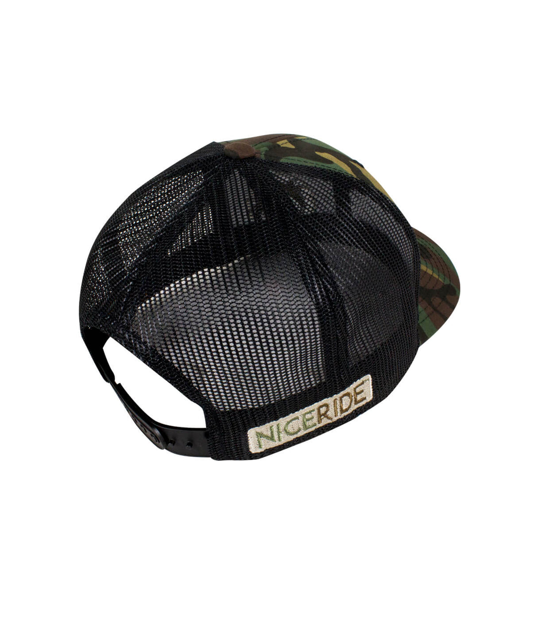 back view of Classic Palm Camo Retro Trucker Hat with NICERIDE logo embroidered.