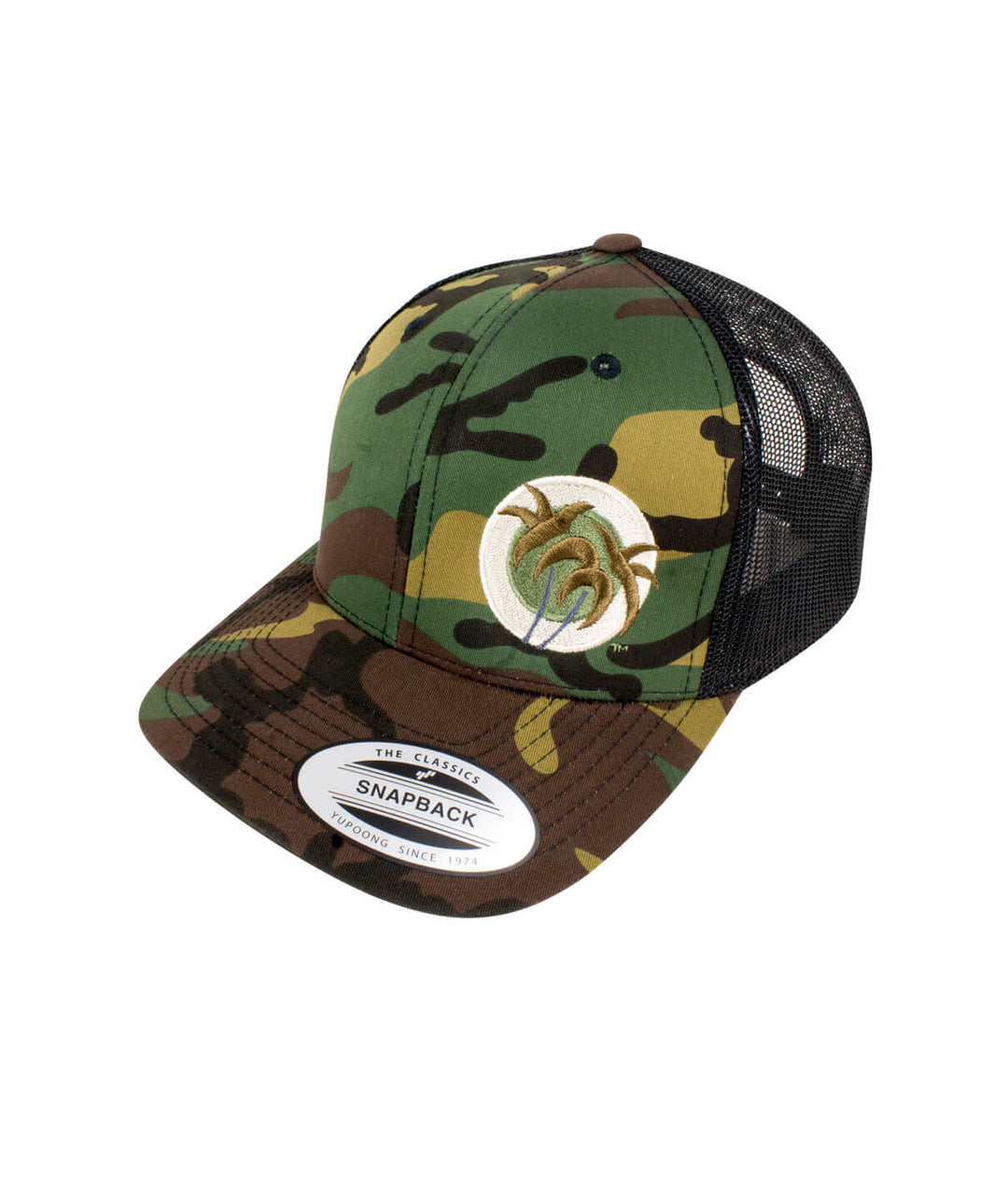 Classic Palm Camo Retro Trucker Hat featuring palm logo and camouflage design.