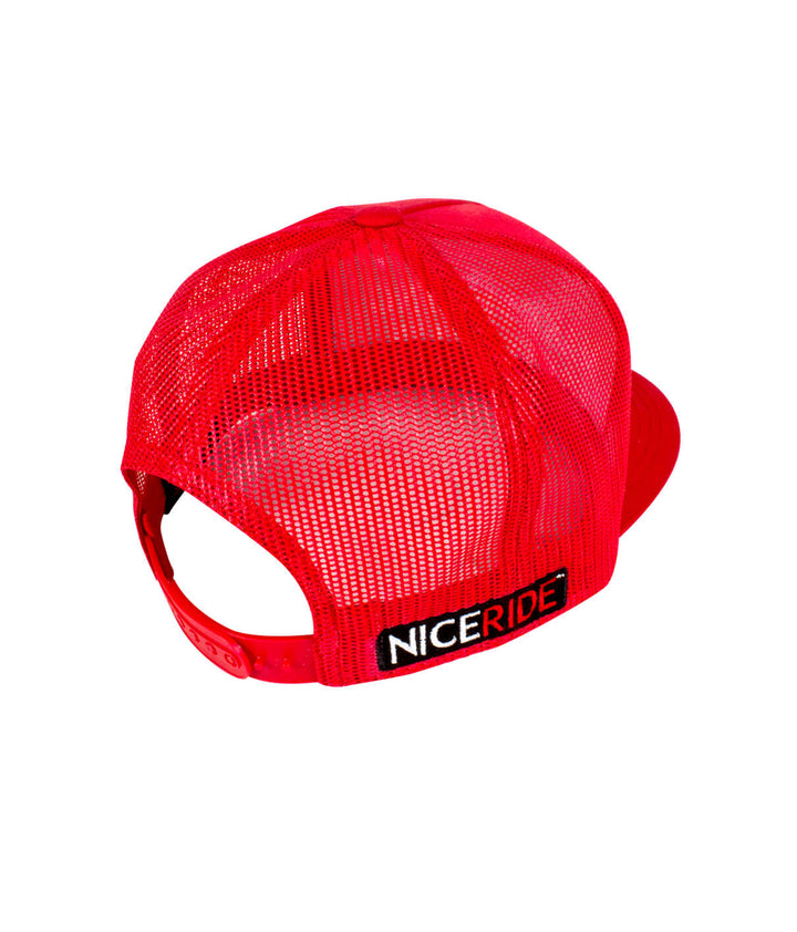 Red NICERIDE trucker hat showing meshback design and adjustable strap.