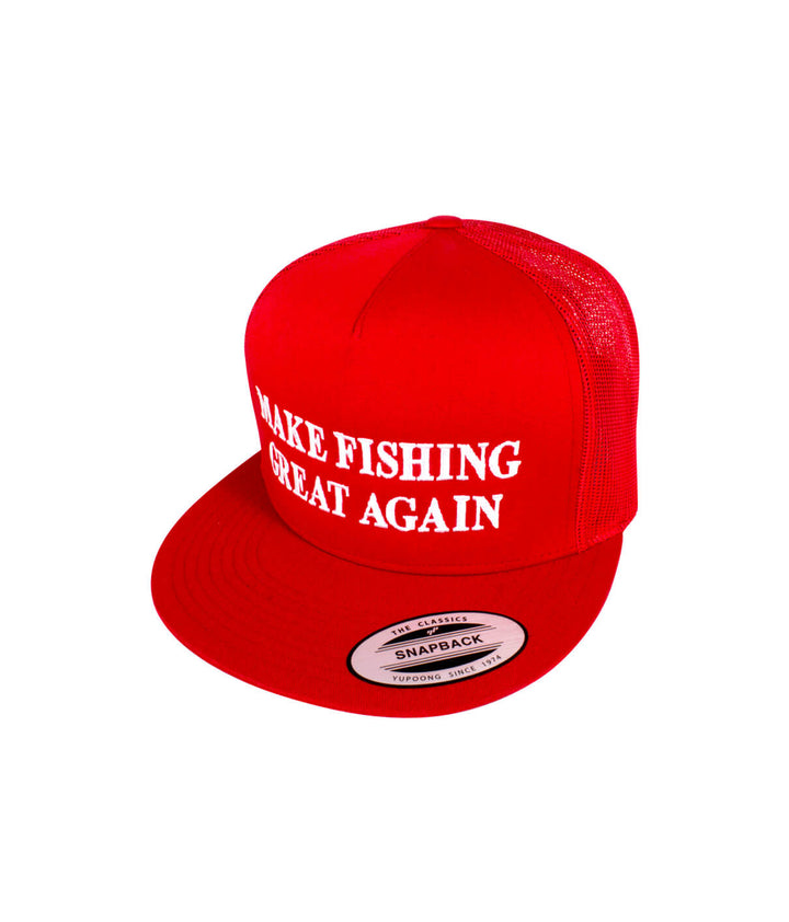 Make Fishing Great Again red trucker hat with mesh back, showcasing a classic design, ideal for fishing enthusiasts.
