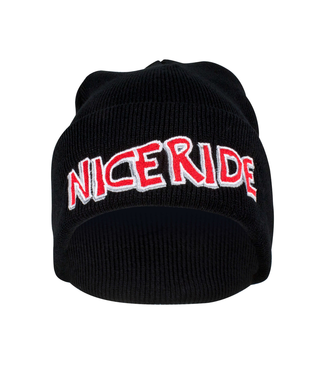 Black cuffed beanie with "NICERIDE" embroidered logo, perfect accessory for any outfit. High-quality beanie.