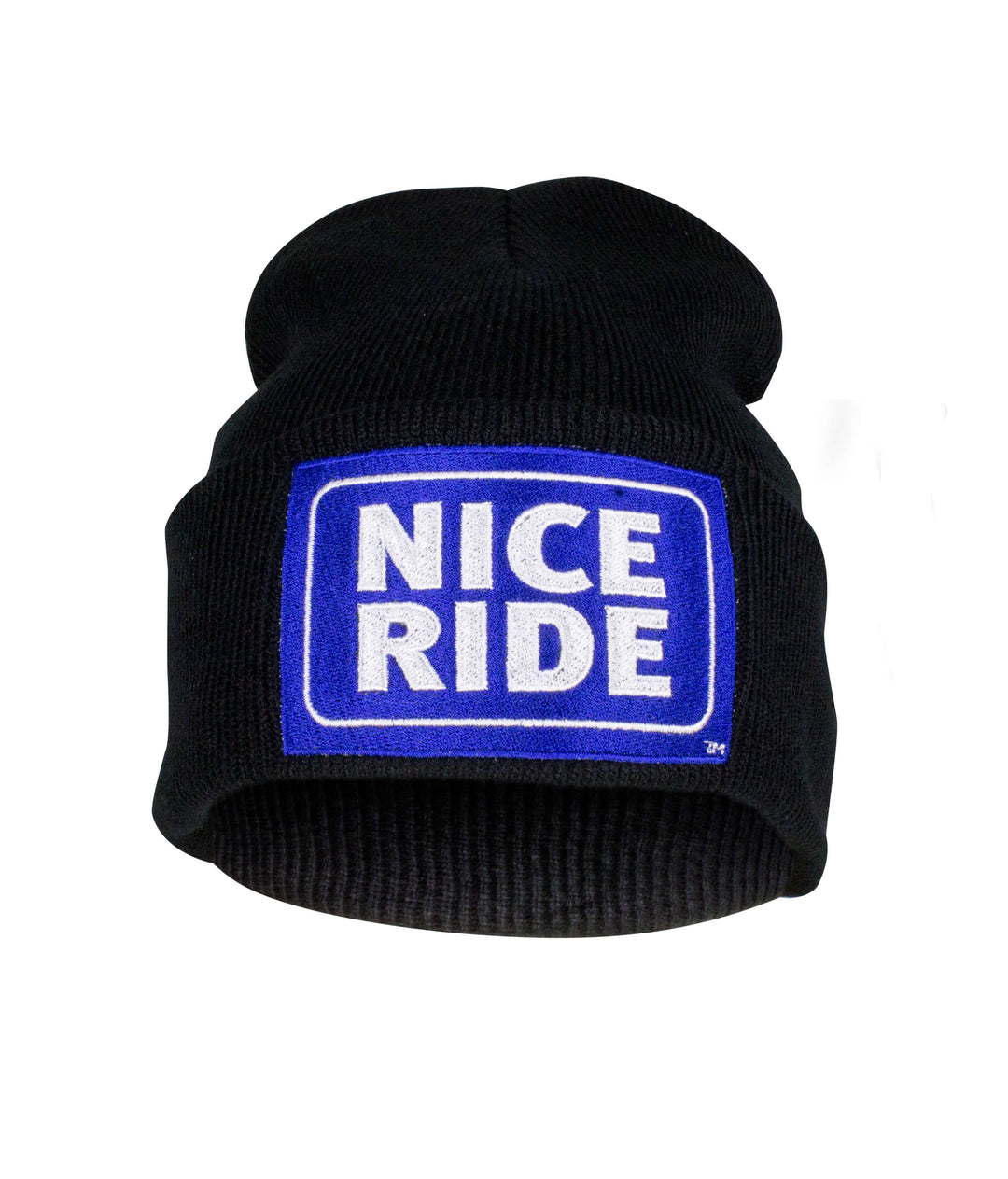 Beanie with NICE RIDE logo embroidered in blue on a black cuffed design, perfect for casual wear.