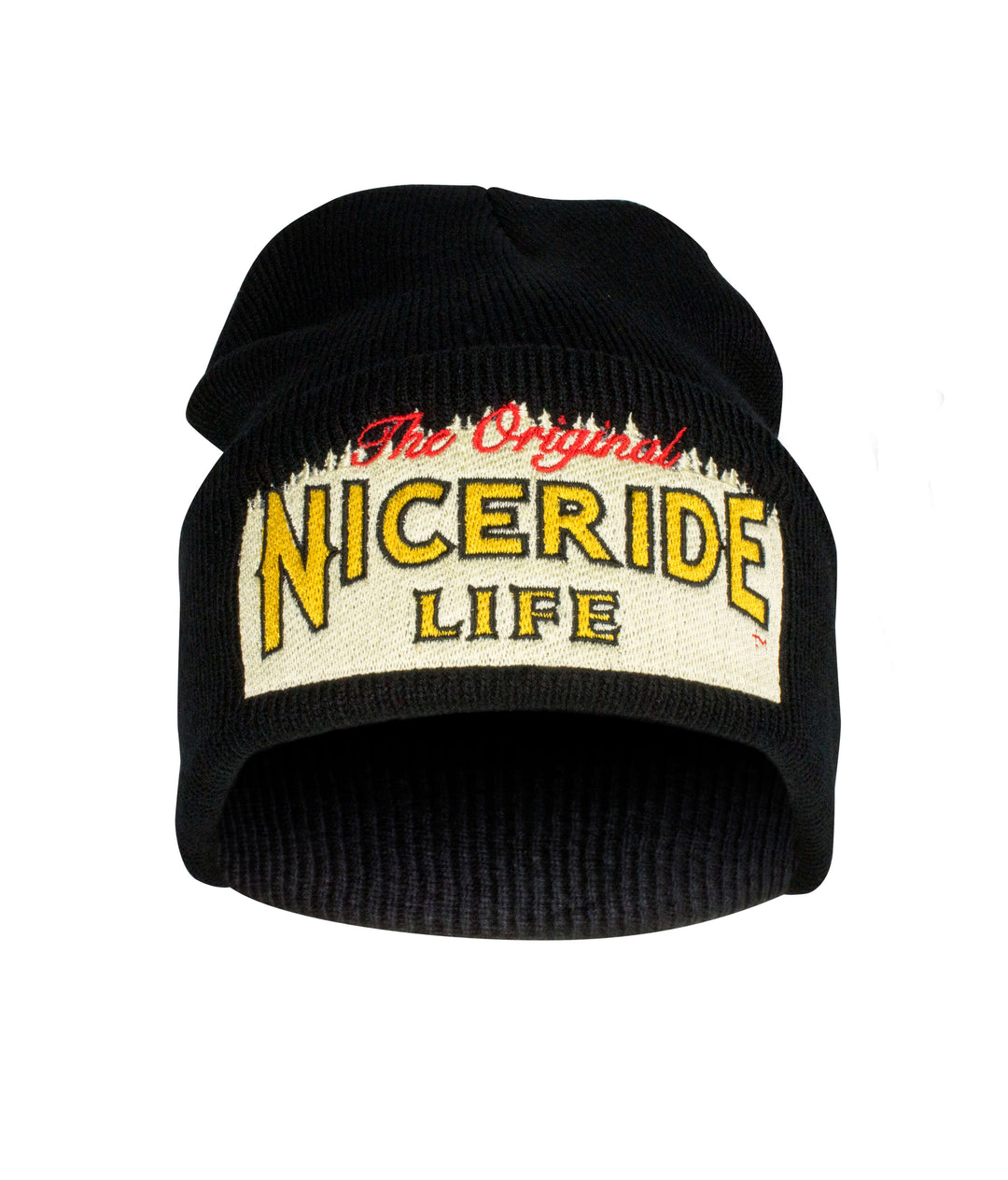 Black cuffed beanie with "Niceride Life" logo embroidered on the front, perfect for style and warmth.