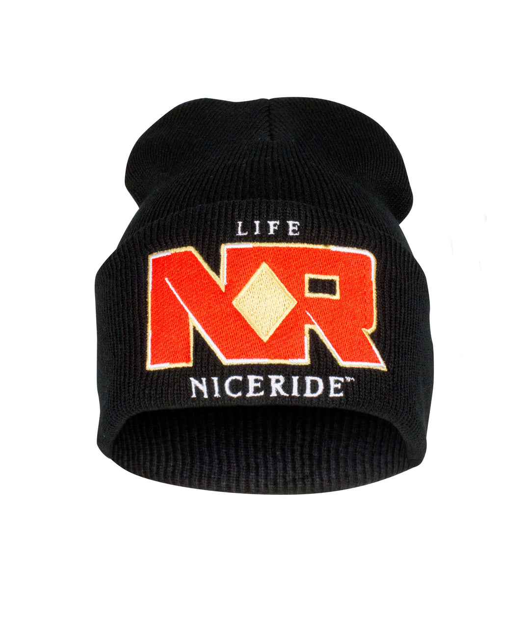 Black cuffed beanie with "NR" logo and "LIFE NICERIDE" embroidered design for stylish winter wear.
