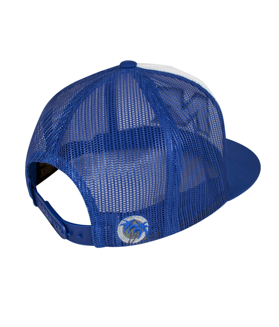 Back view of a blue trucker hat with NICERIDE logo, showcasing the classic snapback design.