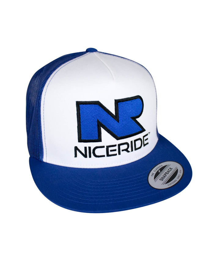 The Rock trucker hat featuring NICERIDE logo in blue and white color, perfect baseball cap for casual wear.